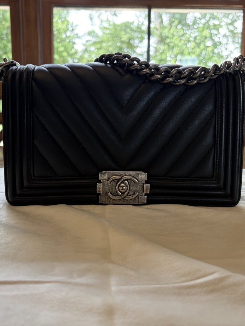 Chanel Chevron Quilted Medium Boy Bag w Ruthenium Finish HDW